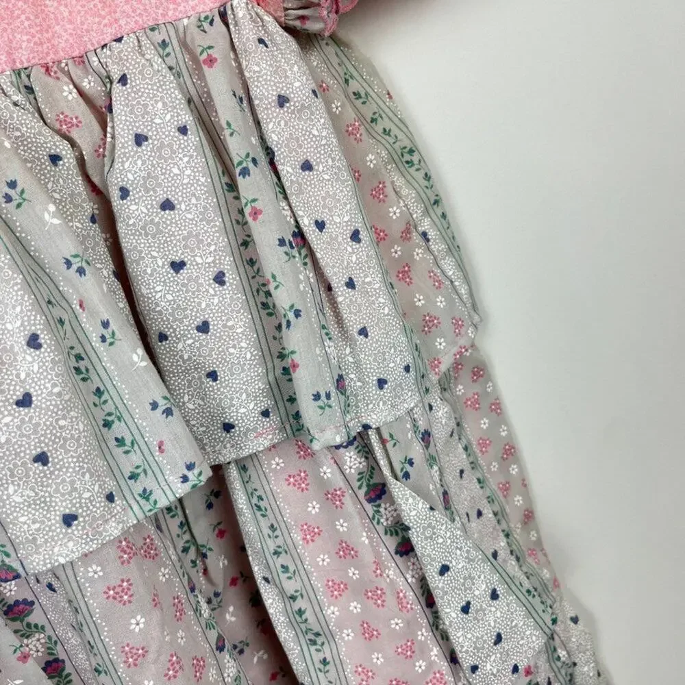 Vintage Girls Pink Gray Floral Tiered Dress